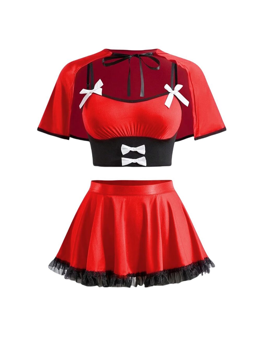 1808 3 Piece Lingerie Set Contrast Lace Mini Skirt Cami Top Bow Front